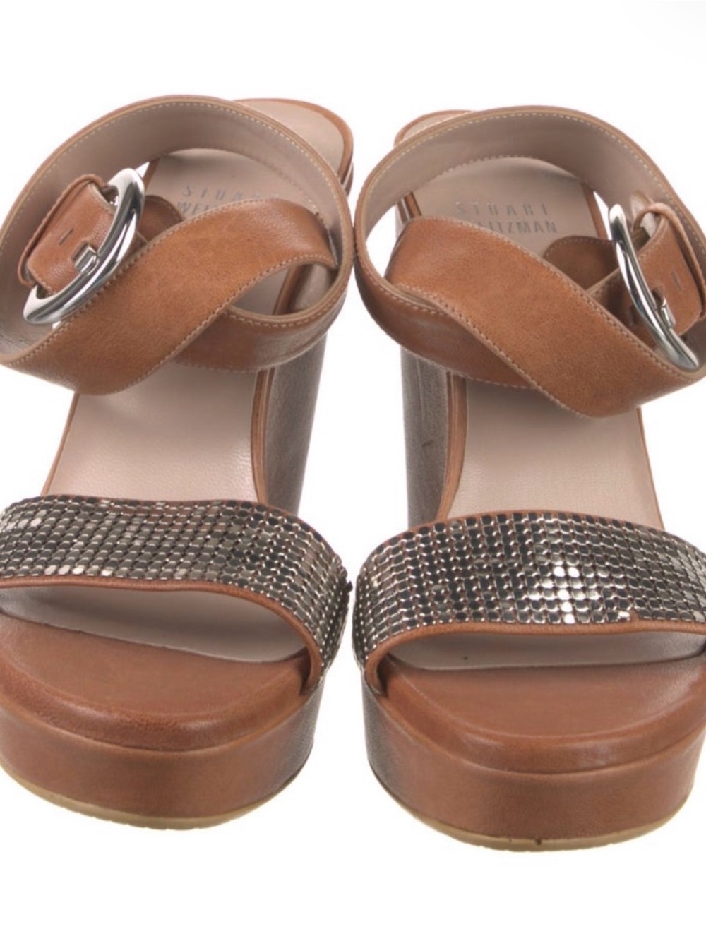 Stuart Weitzman Brown Leather Platform Sandals with Crystal-Embellished Strap